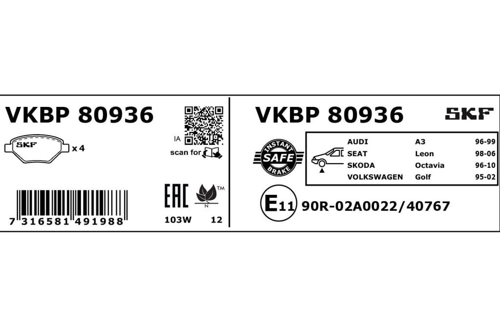 Jeu de 4 plaquettes de frein SKF ref. VKBP 80936